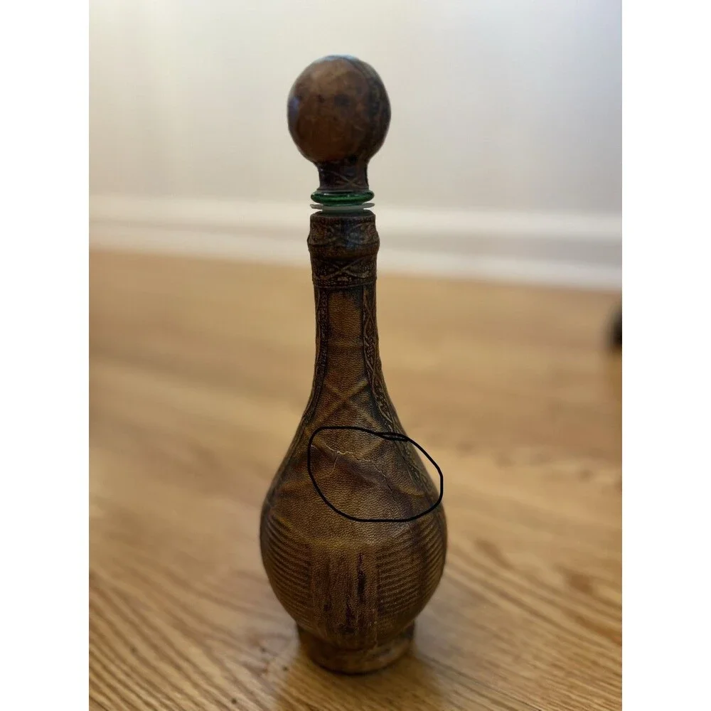 Italian Leather Wrapped Glass Decanter Wine Bottle Lion Pendant - EMPTY Vintage